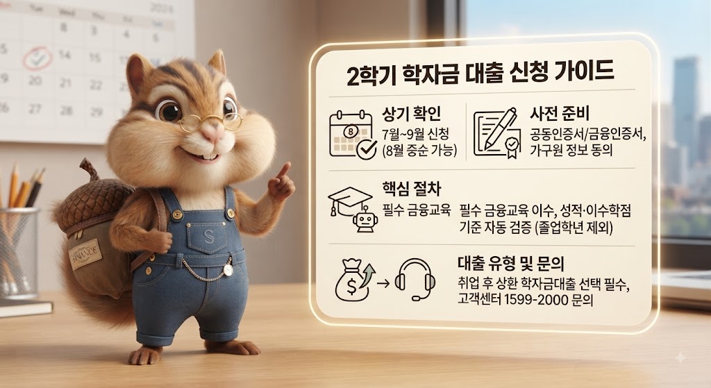 귀여운 다람쥐 캐릭터가 손가락으로 가리키는 '2학기 학자금 대출 신청 가이드' 인포그래픽 이미지.