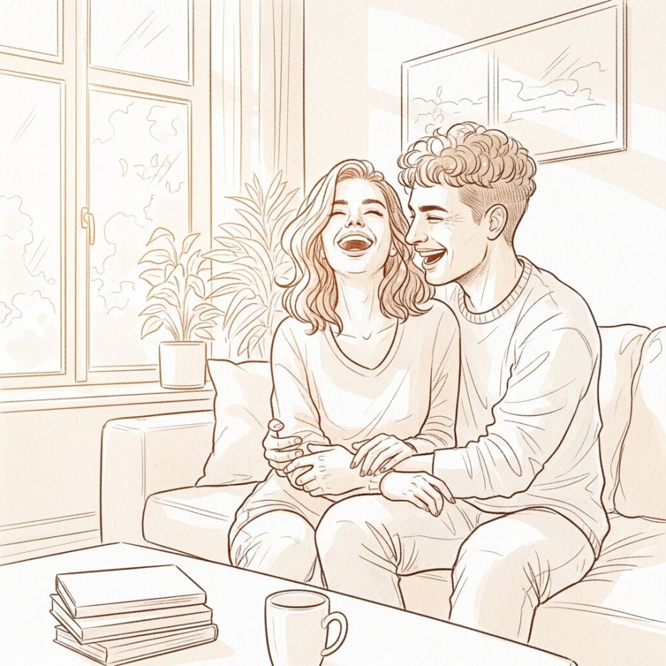 거실에서 환하게 웃으며 대화하는 커플의 따뜻한 풍경