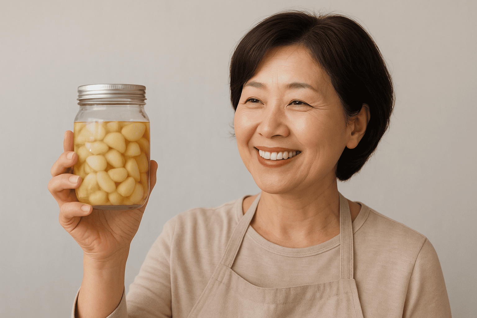 숙성 완료된 식초마늘 모습을 보며 미소짓는 여성