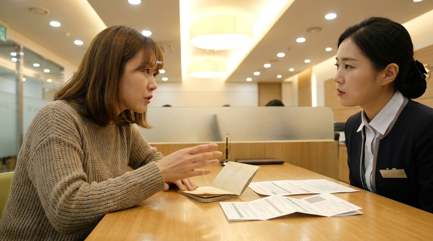 은행 창구에서 상담받는 여성