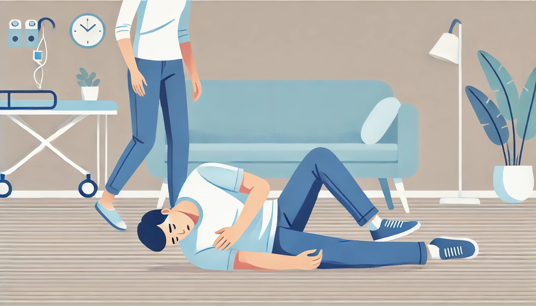 근육 경련 증상을 겪고 있는 사람을 묘사한 플랫 스타일 교육용 일러스트. 팔다리를 떨고 있는 모습과 침착한 주변인의 장면