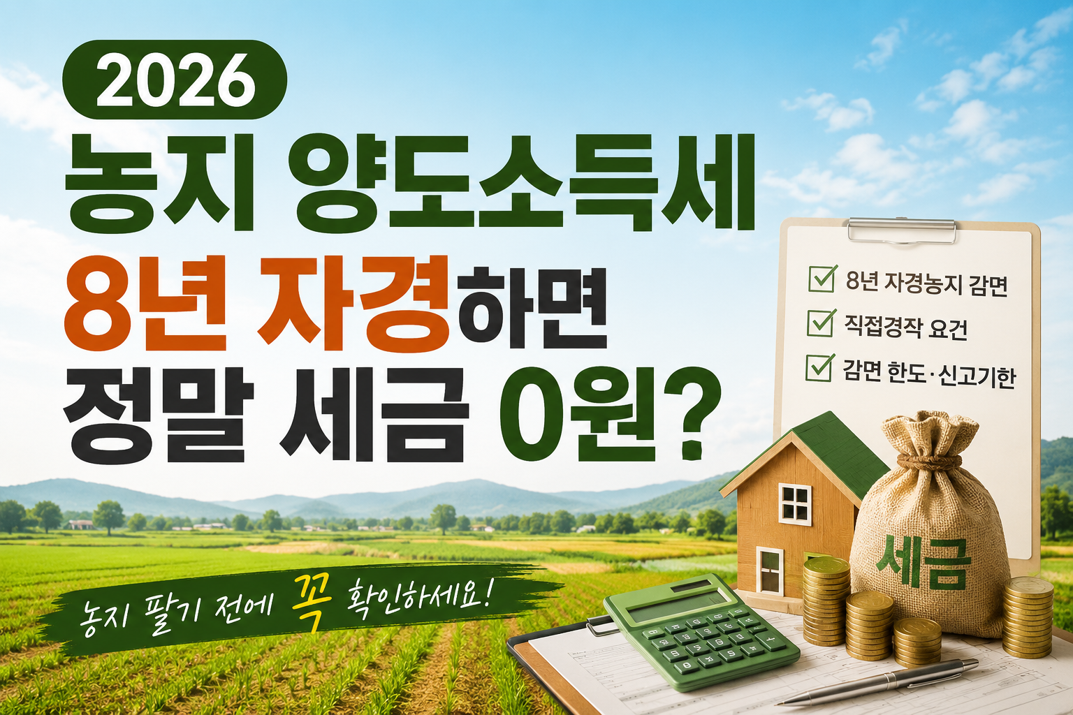 2026 농지 양도소득세 8년 자경 감면 요건 및 비사업용 토지 세율 인포그래픽