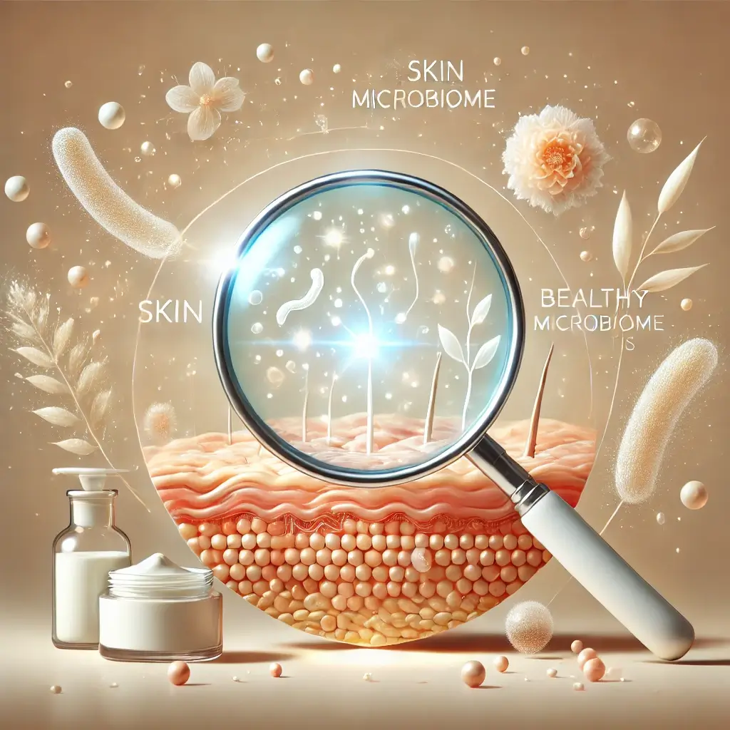 마이크로바이옴의 피부 건강 효과를 상징하는 일러스트 이미지로, 피부 장벽 보호와 건강한 미생물 균형을 표현