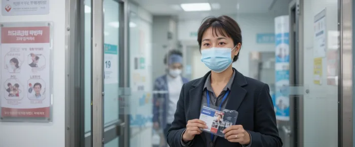 신분증을 들고 마스크를 쓴 채 건강검진 센터에 들어가는 여성
