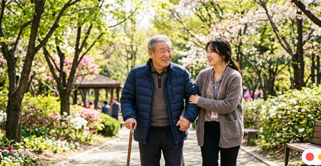 따뜻한 햇살 아래 노인과 사회복지사가 웃고 있는 모습