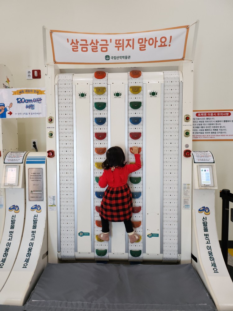 움직이는 암벽 체험을 하는 아이
