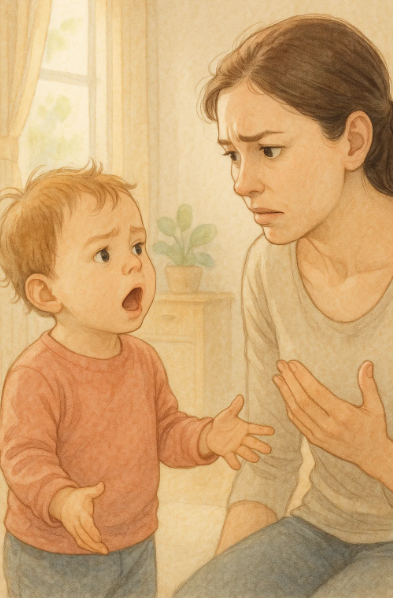 말을 하지만 소통이 어려운 아기와 이해하려는 부모의 모습