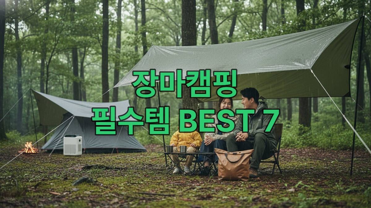 빗속에서도 쾌적하게 캠핑을 즐기는 현대 한국인 가족의 모습. 튼튼한 녹색 타프 아래에서 휴대용 제습기와 방수 가방 등 장마철 필수템과 함께 여유로운 시간을 보내고 있다.