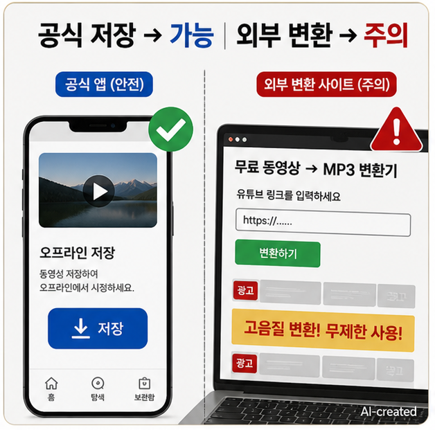 유튜브 음원추출에서 공식 앱 저장과 외부 변환 사이트를 비교하는 상황