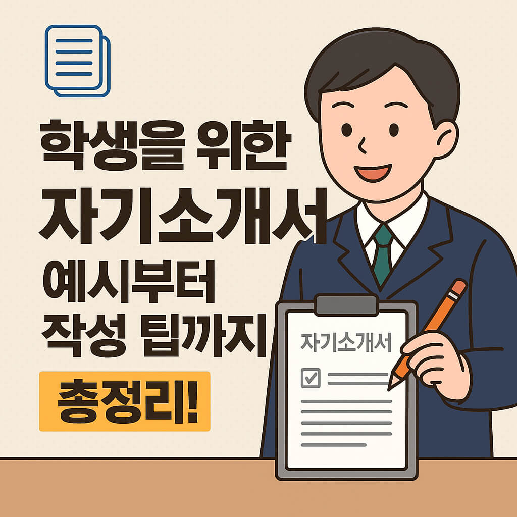 '학생을 위한 자기소개서 예시부터 작성법 팁까지 총정리'라는 문구가 세겨진 썸네일 이미지. 학생이 교복을 입고 자기 소개서 양식을 보여주며 연필을 들고 설명하는 모습.