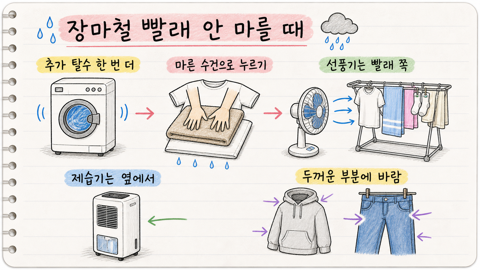 추가 탈수와 수건 프레스, 선풍기 제습기 배치를 보여주는 손글씨 카드