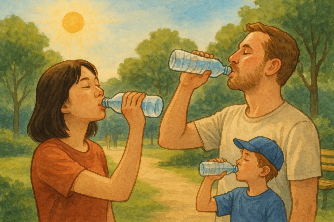 무더운 여름날 공원에서 물을 마시며 수분을 보충하는 가족의 모습, 자연 풍경과 햇살이 조화를 이루는 장면