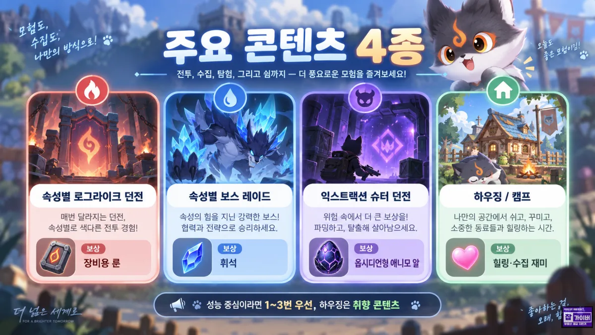 애니모 주요 콘텐츠 로그라이크 보스 레이드 알 쟁탈전 하우징 캠핑
