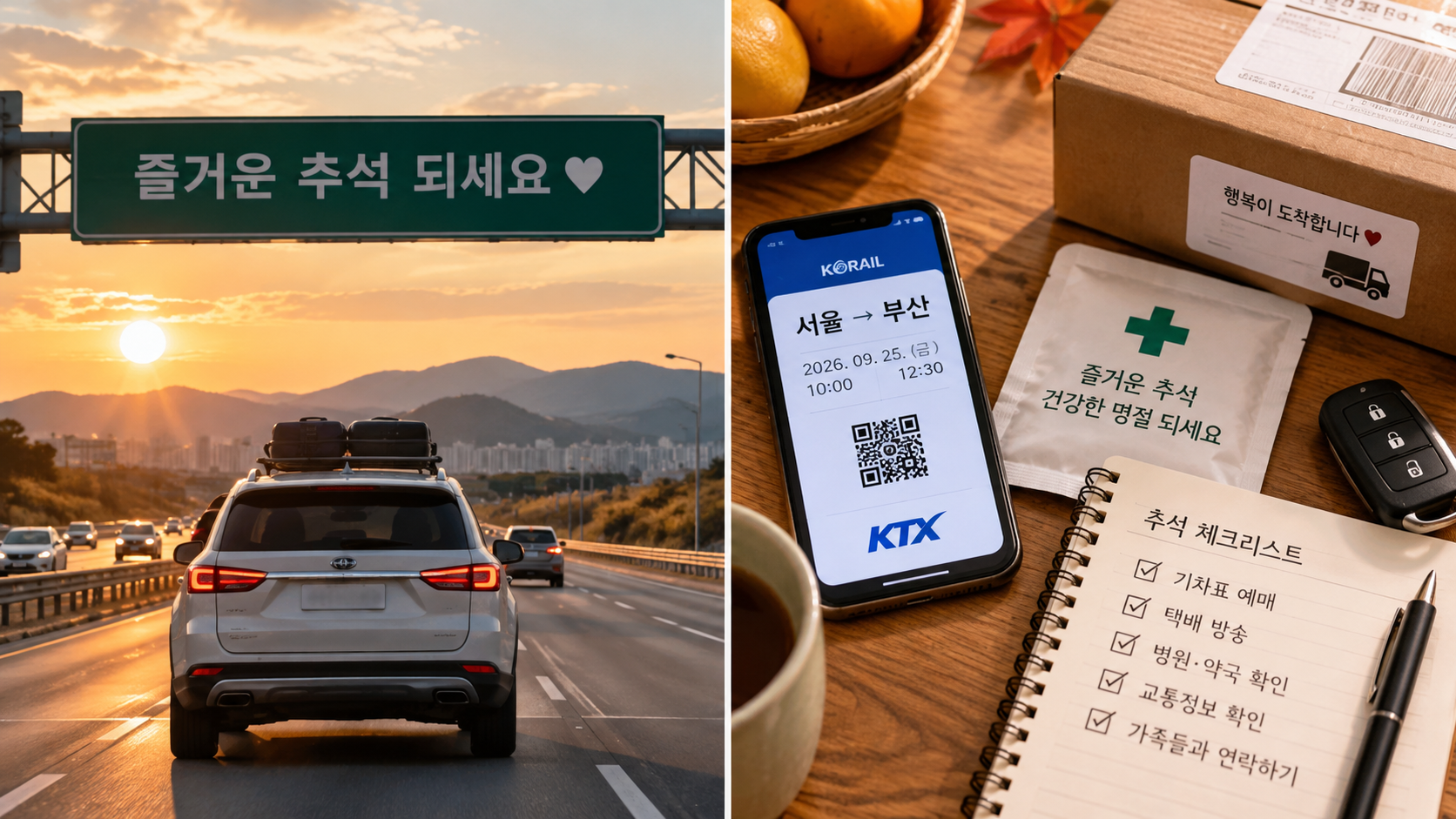 추석 귀성길과 교통·택배·병원 등 연휴 전 체크사항을 담은 이미지.