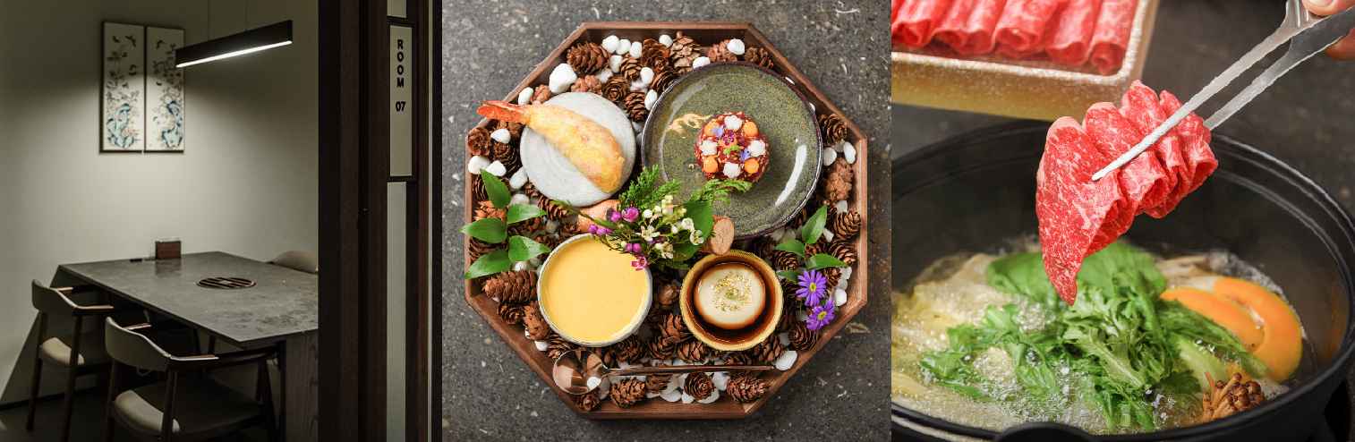 모도우 삼성점의 내부 사진과 음식 사진.