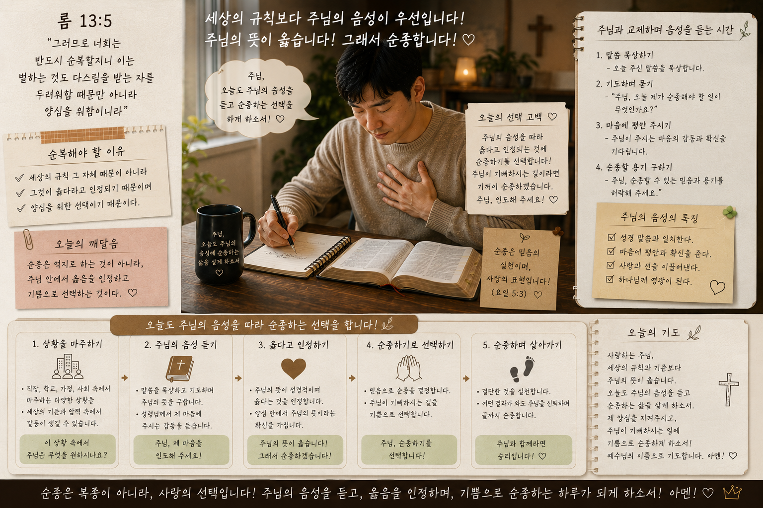 롬 13:5 말씀에서 우리가 순복해야 할 대상이 세상의 규칙이라기 보다 그것이 옳다라고 인정되기 때문이며&amp;#44; 그것에 따라 순종함을 선택할 것이 생각되었고&amp;#44; 오늘도 주님과 교제하며 주님의 음성을 따라 순종하는 선택을 하는 모습입니다.