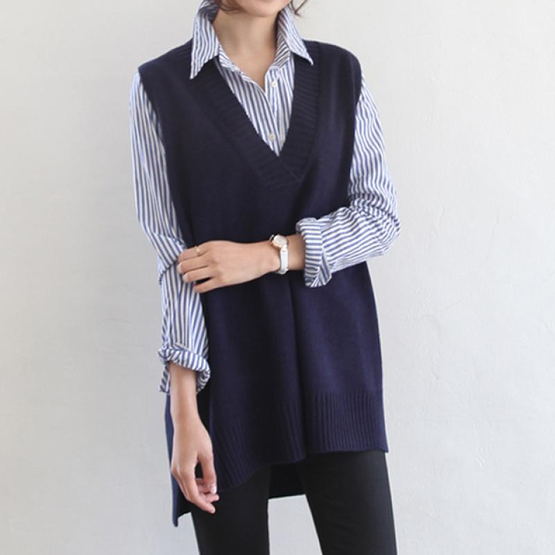 데일리앤 여성 레이어드 루즈핏 브이넥 니트 조끼 롱 봄 가을 겨울 빈터