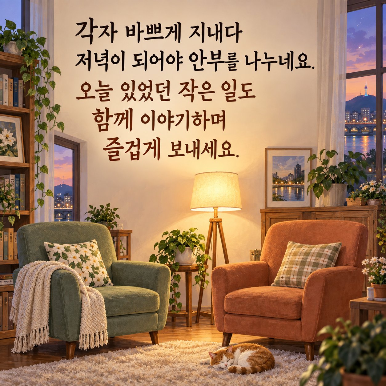 가족에게 보내는 따뜻한 저녁 인사 이미지 6 — 각자 바쁘게 지내다 저녁이 되어야 안부를 나누네요. 오늘 있었던 작은 일도 함께 이야기하며 즐겁게 보내세요.