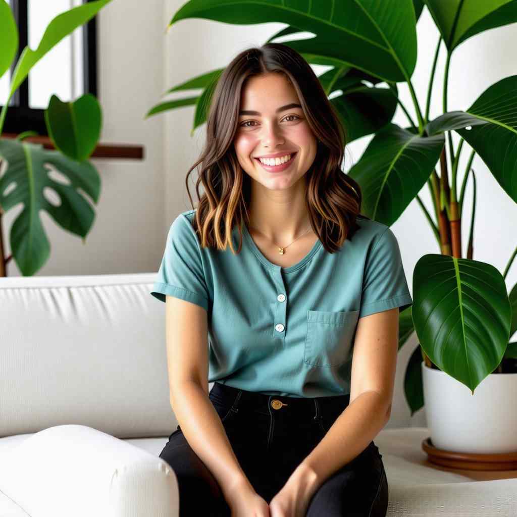 반려식물이 있는 실내에서 미소짓는 여성