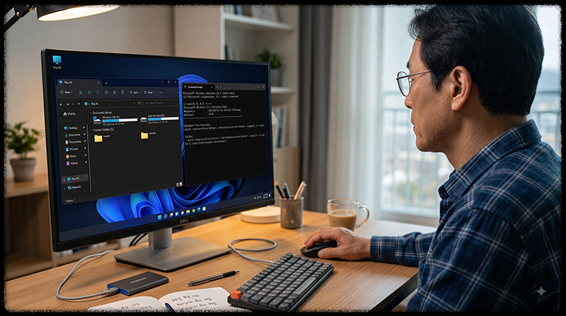 Windows File Recovery 사용 전 원본 드라이브와 복구 저장 드라이브를 다르게 지정하는 모습