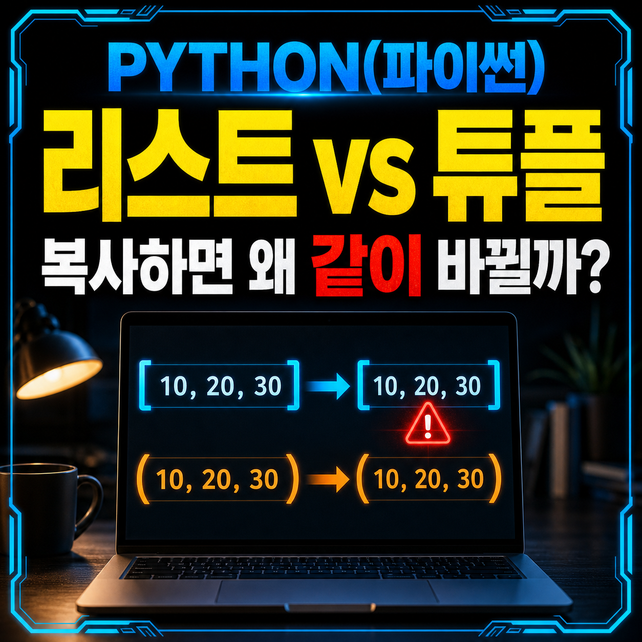파이썬 리스트와 튜플의 차이 및 리스트 복사 함정을 표현한 코딩 화면 썸네일