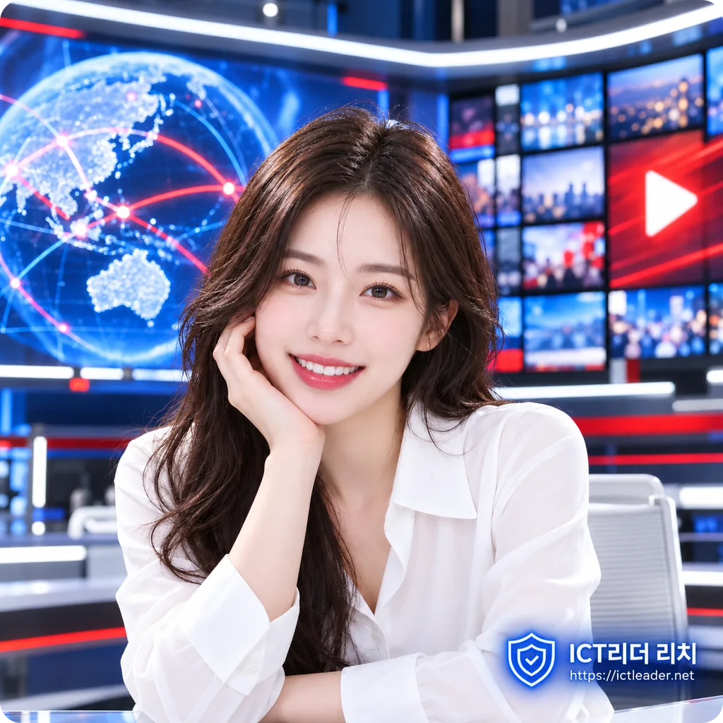 글로벌 연결을 표현한 지구본과 영상 화면 앞에서 밝게 미소 짓는 화이트 의상의 여성