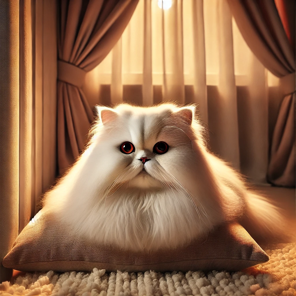 긴 흰 털과 납작한 얼굴, 크고 둥근 눈이 특징인 페르시안 고양이가 우아한 실내 공간에서 푹신한 쿠션 위에 앉아 있는 모습.