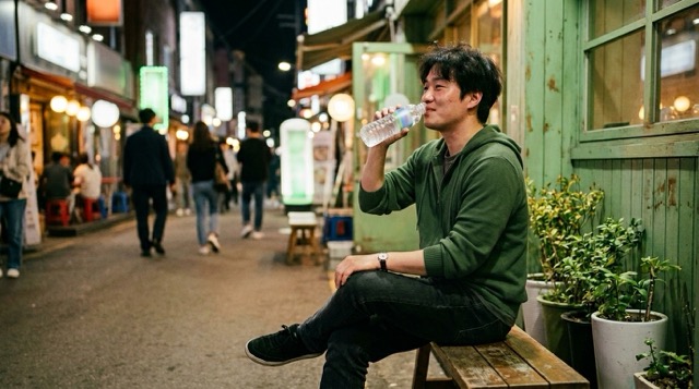 술자리 후 물병을 챙겨 마시는 통풍 관리 장면