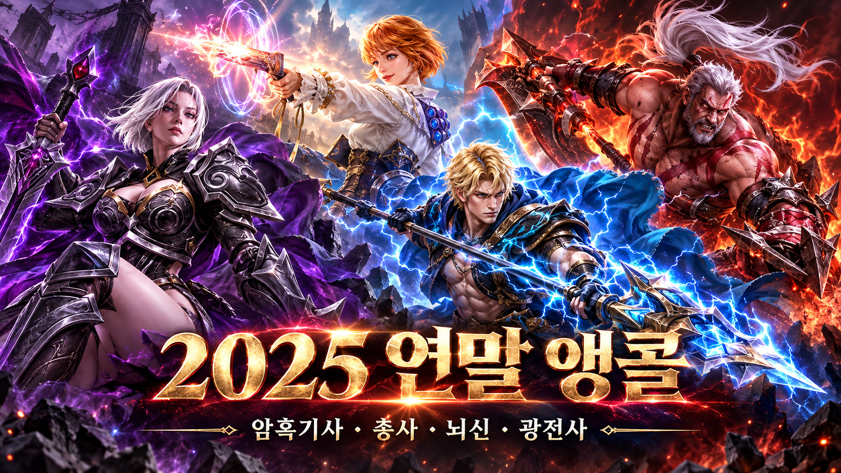2025년 12월 리니지M 앵콜 클래스 체인지 대상이었던 암흑기사와 총사, 뇌신, 광전사를 표현한 이미지