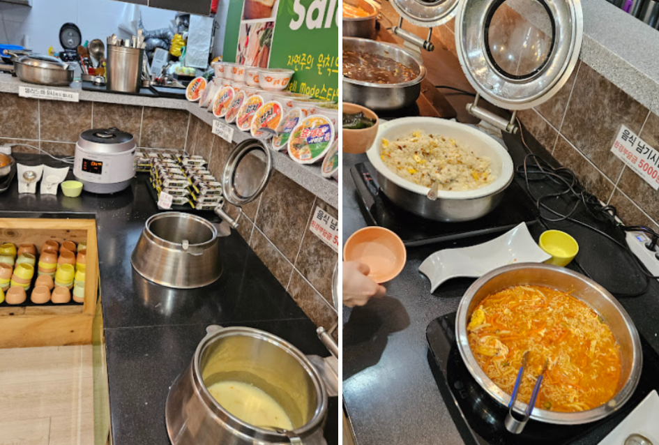 치킨, 돈가스, 라면 등 다양한 음식을 마음껏 가져다 먹을 수 있도록 깔끔하게 세팅된 스마일랜드 무제한 뷔페 코너 사진