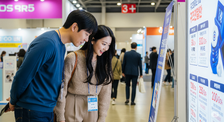 박람회에서 할인 정보를 확인하는 남녀 커플