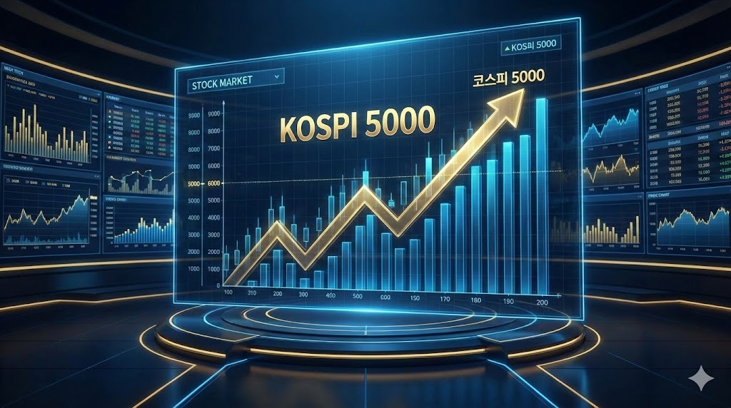 코스피 5000 돌파를 상징하는 미래형 주식 거래소의 디지털 홀로그램 차트