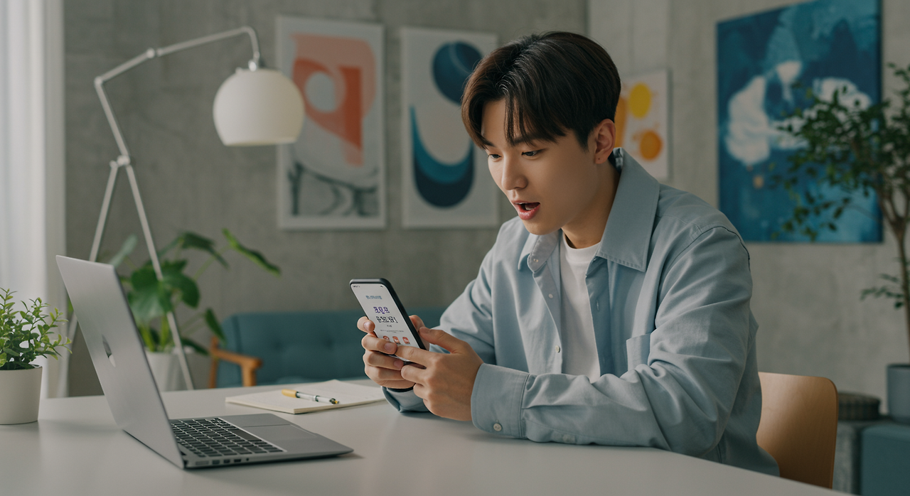 20대 후반의 젊은이가 스마트폰 앱을 통해 청년도약계좌 혜택을 확인하는 모습