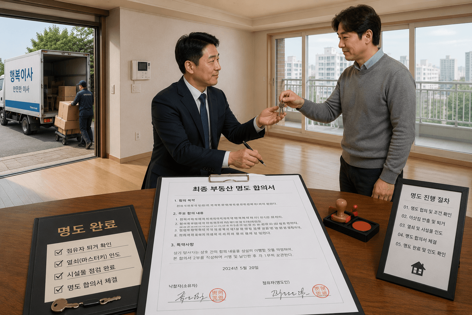 텅 빈 아파트 거실 한복판에서 이삿짐 트럭이 떠나는 모습을 배경으로 점유자로부터 현관 마스터키를 건네받으며 최종 부동산 명도 합의서 서류에 상호 서명 날인하고 있는 낙찰자와 공인중개사 모습