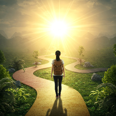 밝은 미래를 향해 걸어가는 사람의 뒷모습, 배경에는 다양한 가능성을 상징하는 여러 갈래의 길이 펼쳐진 모습