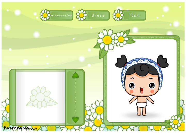 쪼꼬쫑-옷입히기-플래시게임-플레이-쪼꼬쫑에게-푸른색-체크무늬-아기보넷을-씌워준-화면