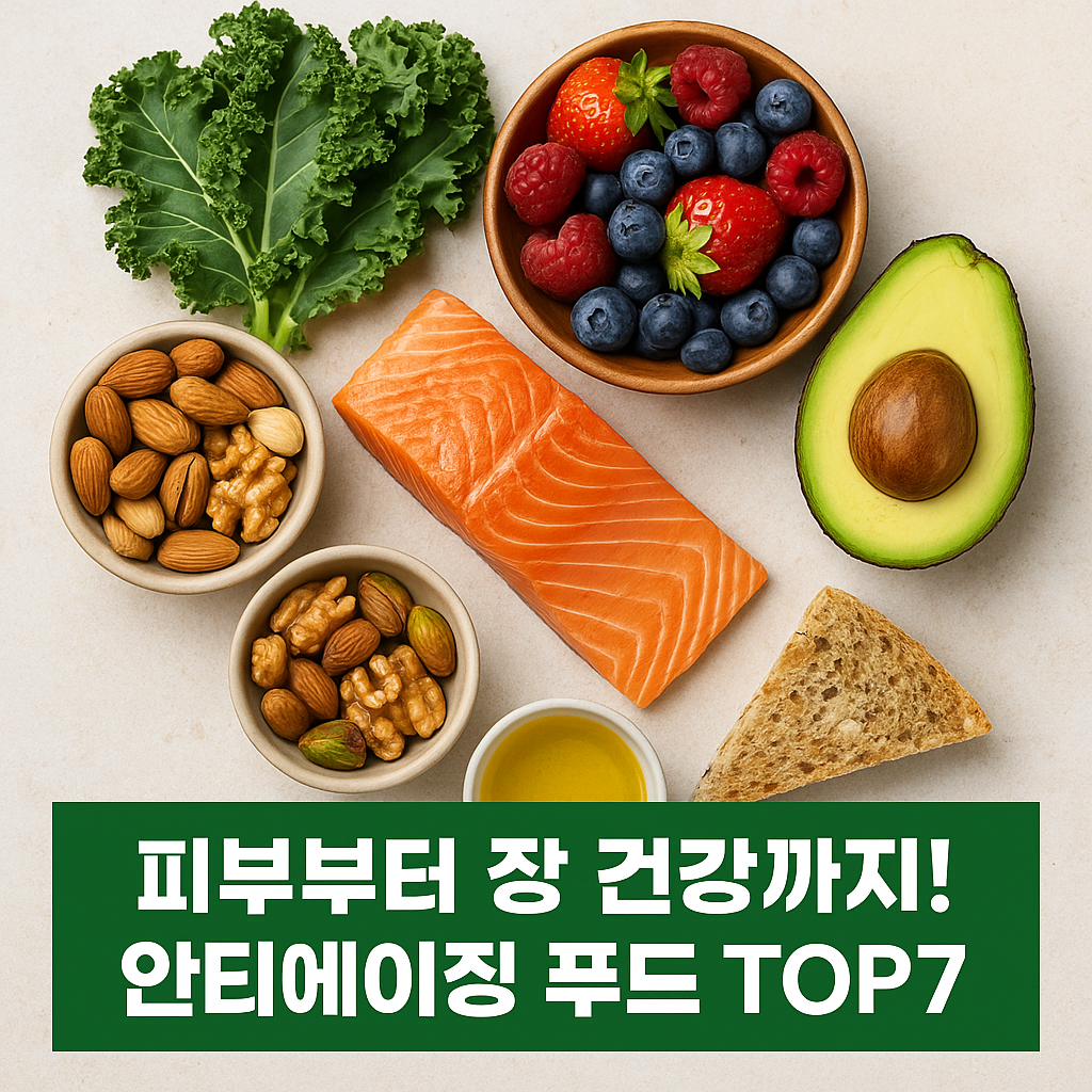 케일, 베리류, 견과류, 연어, 아보카도, 올리브오일, 통곡물이 가지런히 놓여 있는 항노화 식품 이미지. 하단에는 ‘피부부터 장 건강까지! 안티에이징 푸드 TOP7’이라는 한국어 텍스트가 포함된 건강 식단 대표 이미지