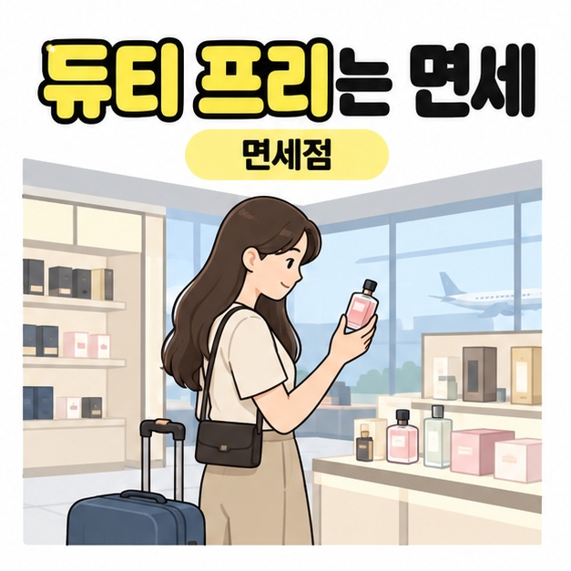 듀티 프리는 면세와 면세점이라는 문구 아래 여행 가방을 둔 여성이 공항 매장에서 향수병을 살펴보는 그림