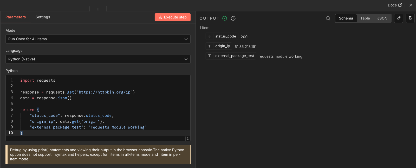 n8n Code노드를 이용해서 Python Native Script가 정상적으로 실행됩니다