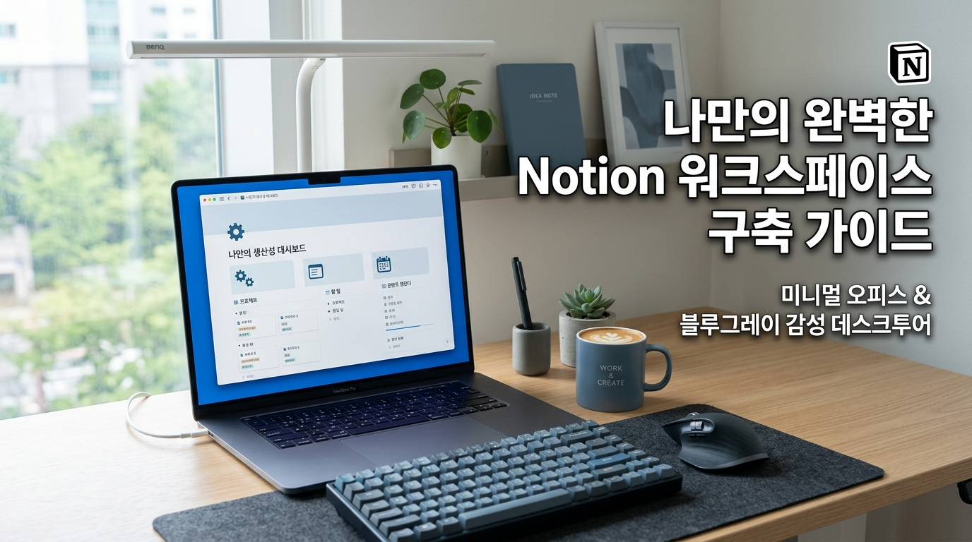 "깔끔한 블루그레이 테마의 노션 작업 화면이 띄워진 노트북과 사무실 데스크테리어
2"