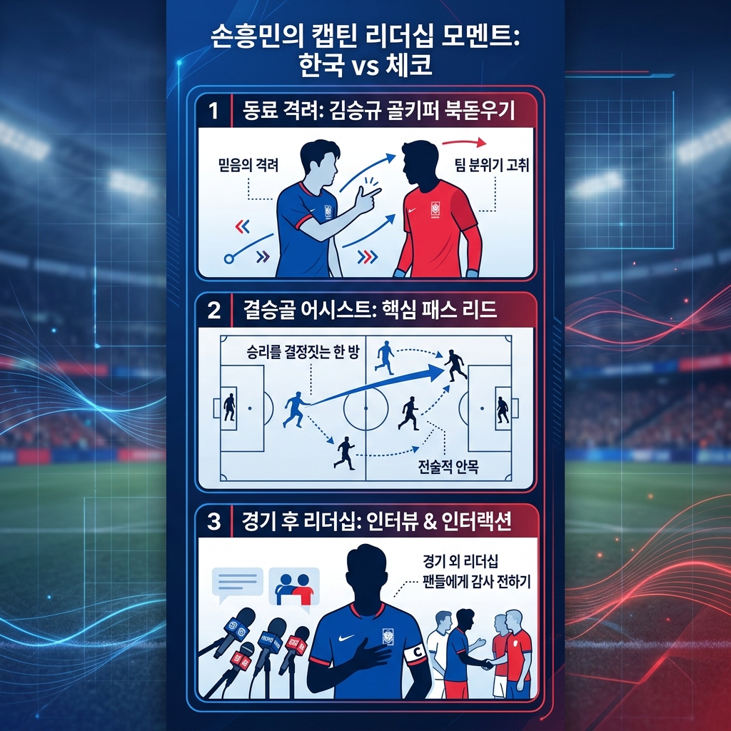 손흥민 주장 리더십 3가지 결정적 장면 격려 어시스트 인터뷰 인포그래픽