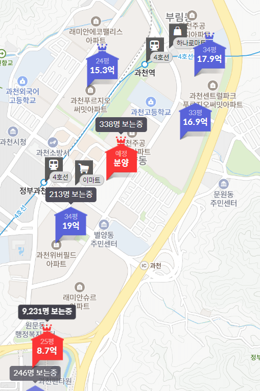 과천 디에트르퍼스티지 인근 시세, 출처 : 호갱노노