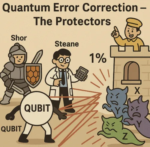 ‘Quantum Error Correction – The Protectors’라는 문구와 함께 Shor 코드와 Steane 코드가 QEC의 수호자로 묘사된 일러스트. 큐비트(QUBIT)가 X, Y, Z 오류를 막는 장면을 표현한 이미지로, Shor code와 Steane code의 양자 오류 정정 원리를 시각적으로 전달하며 블로그 글 ‘Shor 코드와 Steane 코드 완전 해설’의 주제를 설명함 (Shor code, Steane code, quantum error correction).