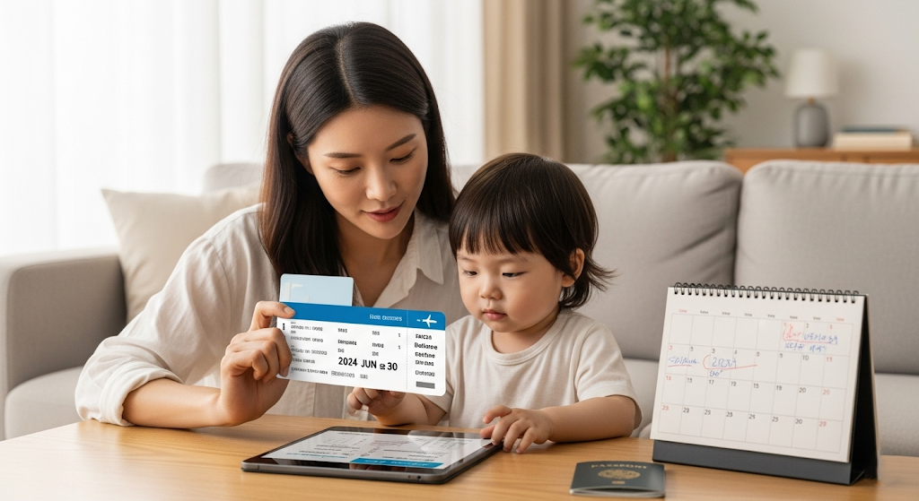 비행기 티켓과 여권, 달력을 책상 위에 두고, 태블릿으로 환급 대상 조건을 확인 중인 한국 엄마와 어린 아이