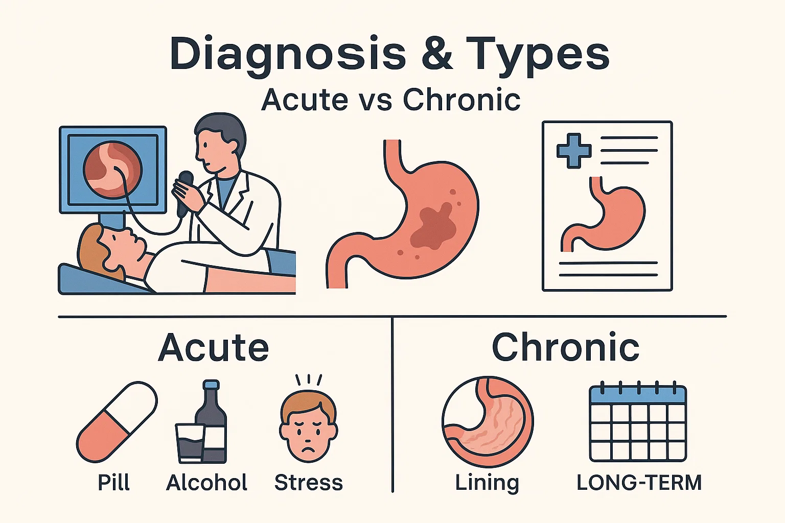 위염 진단 방법과 급성·만성 유형 분류를 보여주는 인포그래픽