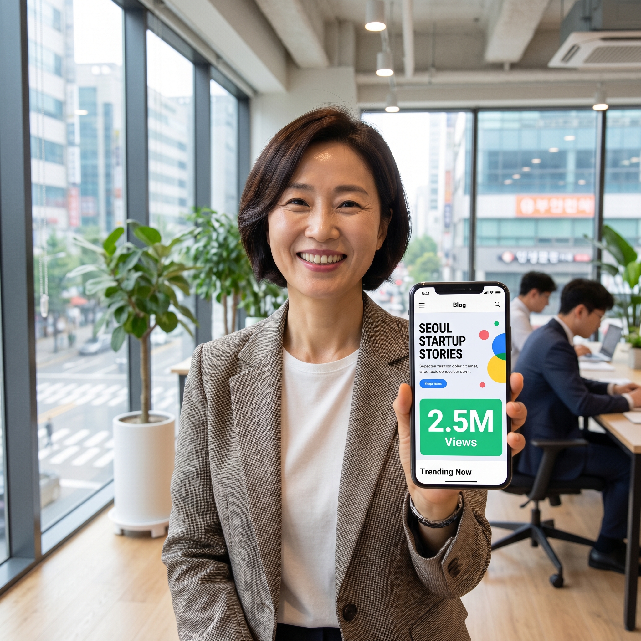 높은 트래픽과 깔끔한 디자인의 블로그 홈화면이 띄워진 스마트폰을 들고 자신감 있게 미소 짓는 한국인 기업가. 밝고 쾌적한 오피스 배경의 8k 고해상도 사진.