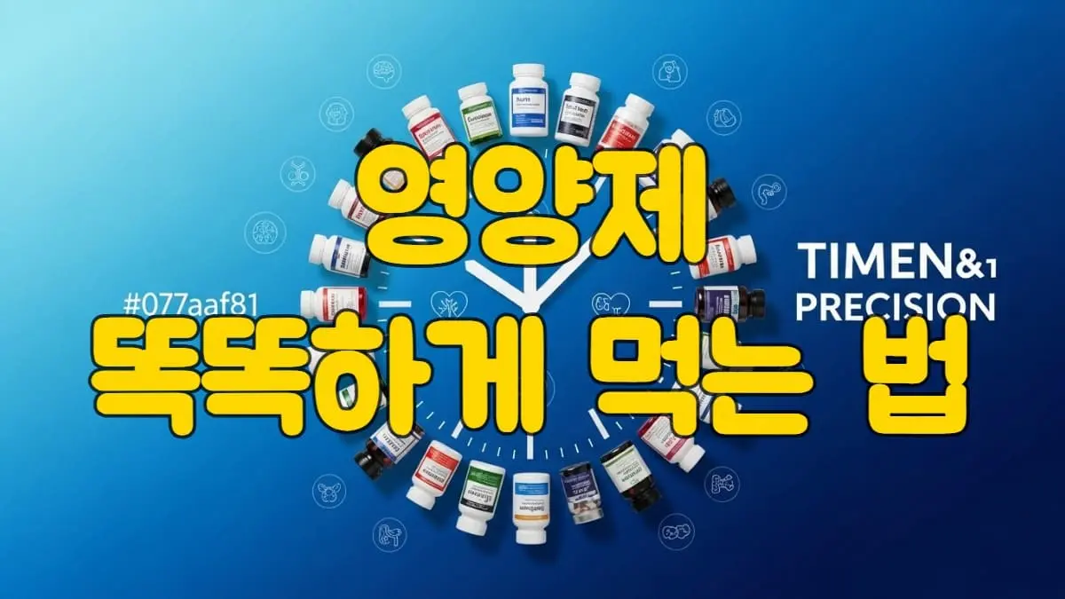 영양제 병과 알약들이 시계 주변에 배치되어 있는 현대적이고 세련된 그래픽. 영양제 섭취 타이밍의 중요성을 강조하며, 파란색 계열의 배경색과 과학적이고 정밀한 분위기를 연출합니다.
