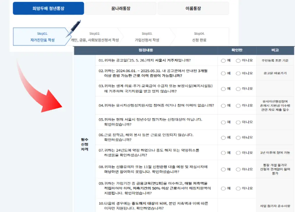 희망두배 청년통장 자기 진단표 화면