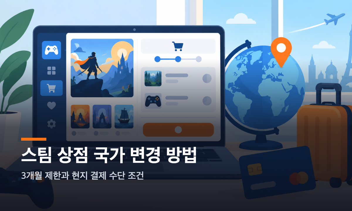 스팀 상점 국가 변경과 현지 결제 수단 조건을 설명하는 대표 이미지