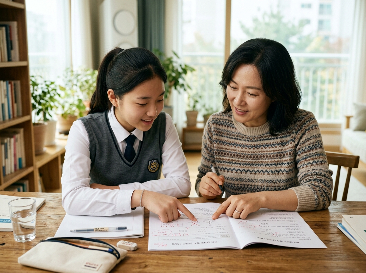 학부모와 학생이 과학 오답 노트를 점검하는 모습